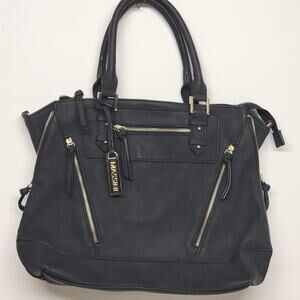 Massini Black Faux Leather Tote Handbag Gold Tone Hardware Zipper Purse 16" Vtg